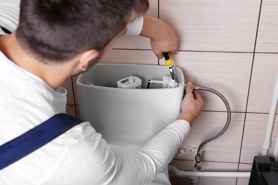 toilet being repaired by plumber